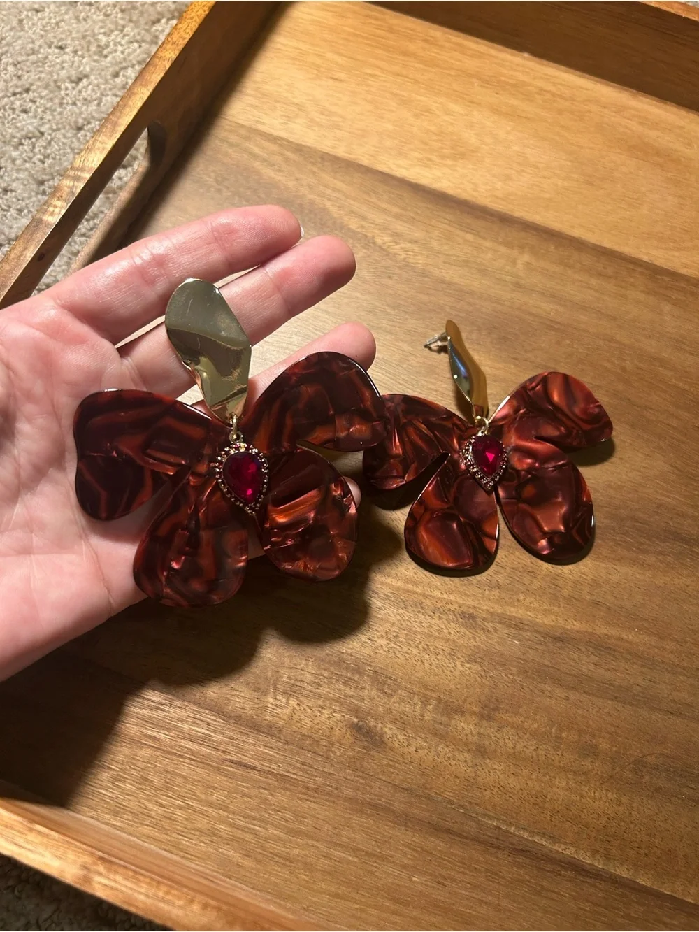AKIRA Gold-Tone Earrings with Brown Petals and Red Teardrop Stone